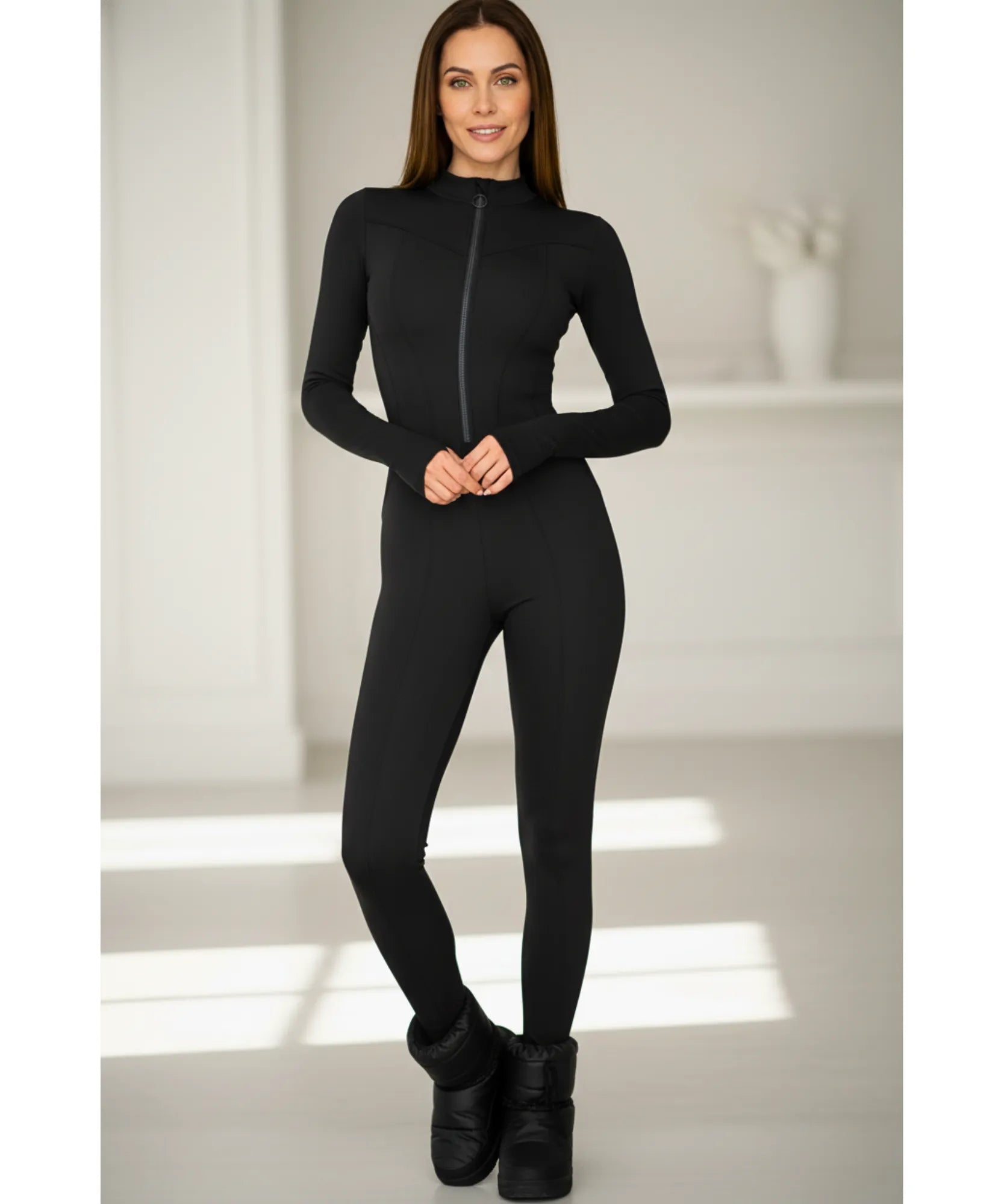 Comprar macacão feminino manga longa gola alta com zíper modelador barato