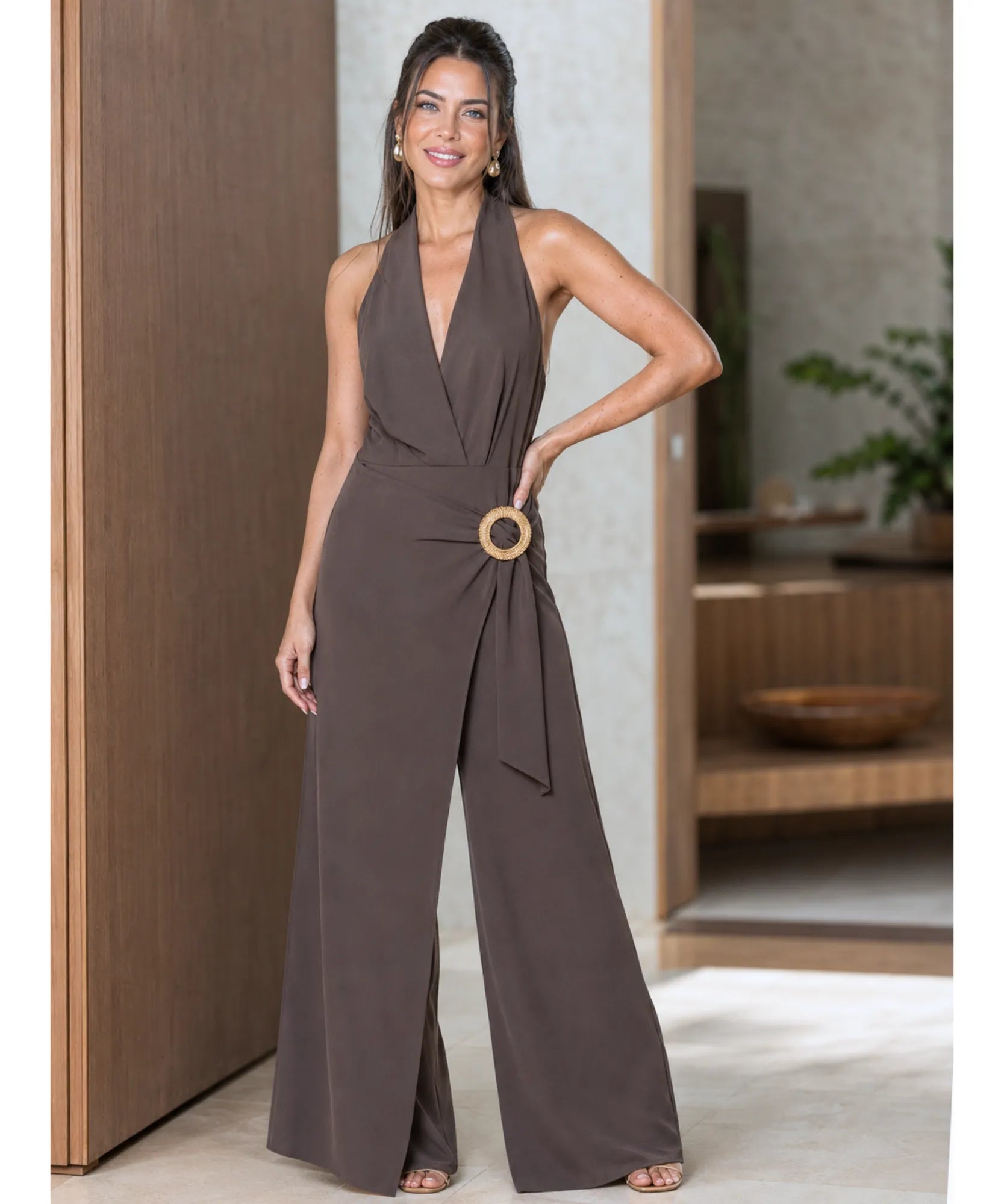 Women's halter jumpsuit with wide legs in chocolate brown