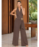 Women's brown wide-leg halter jumpsuit, full length