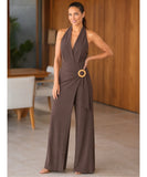 Women's chocolate brown halter jumpsuit with wide legs and rattan buckle