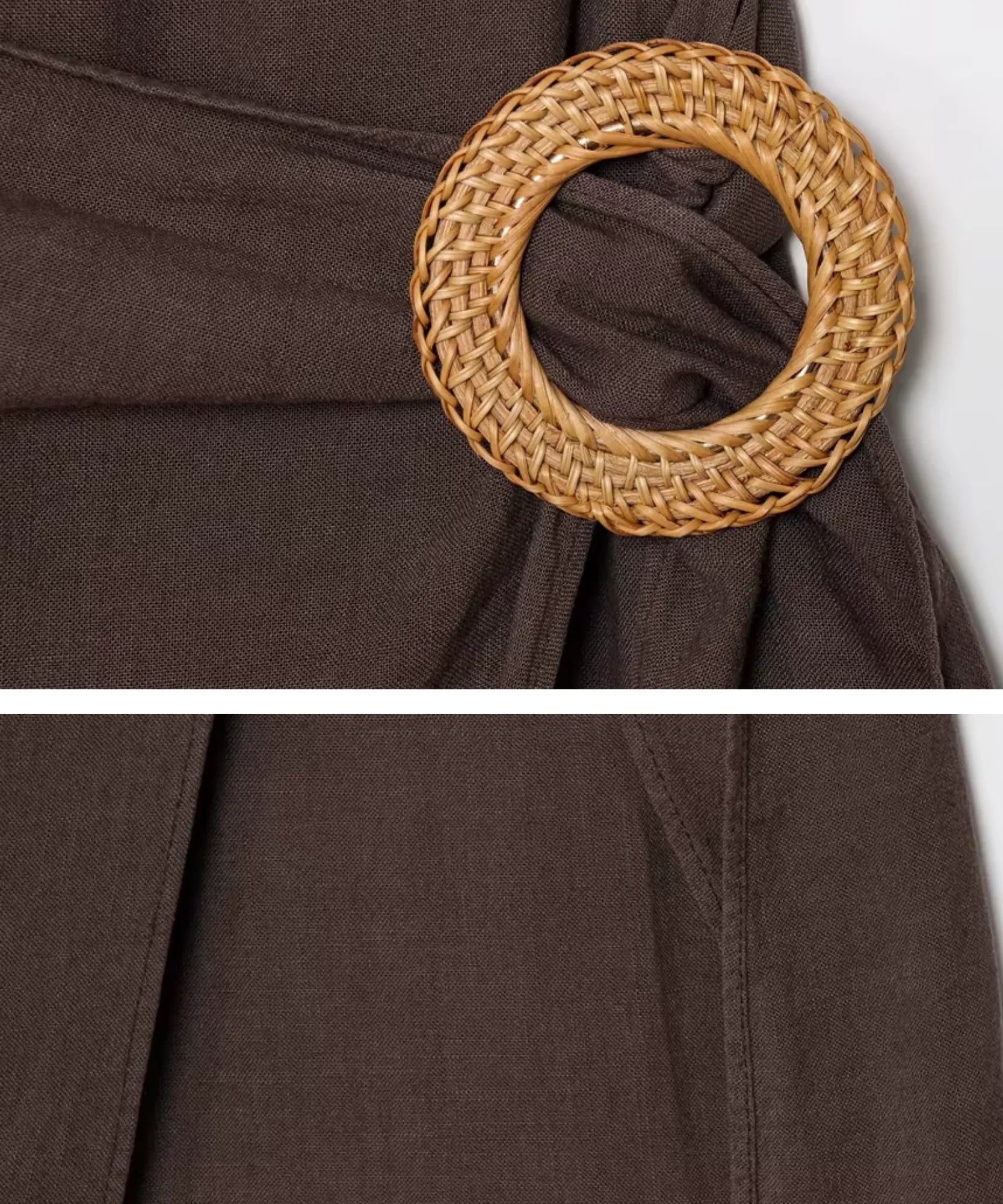 Close up of rattan ring buckle on women's brown halter jumpsuit