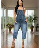 Comprar macacão jeans feminino jardineira oversized com bolsos e alças ajustáveis casual confortável barato