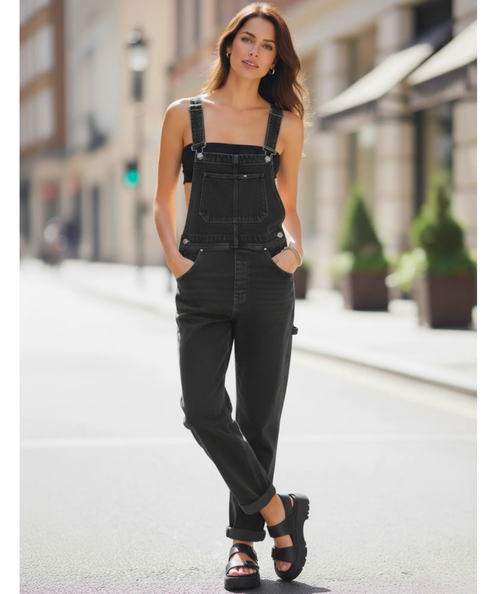 Comprar macacão jeans feminino jardineira preto casual urbano streetwear barato oferta ZARA