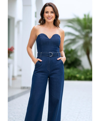 Women’s Strapless Denim Jumpsuit with Belt Casual Fit | Aurora