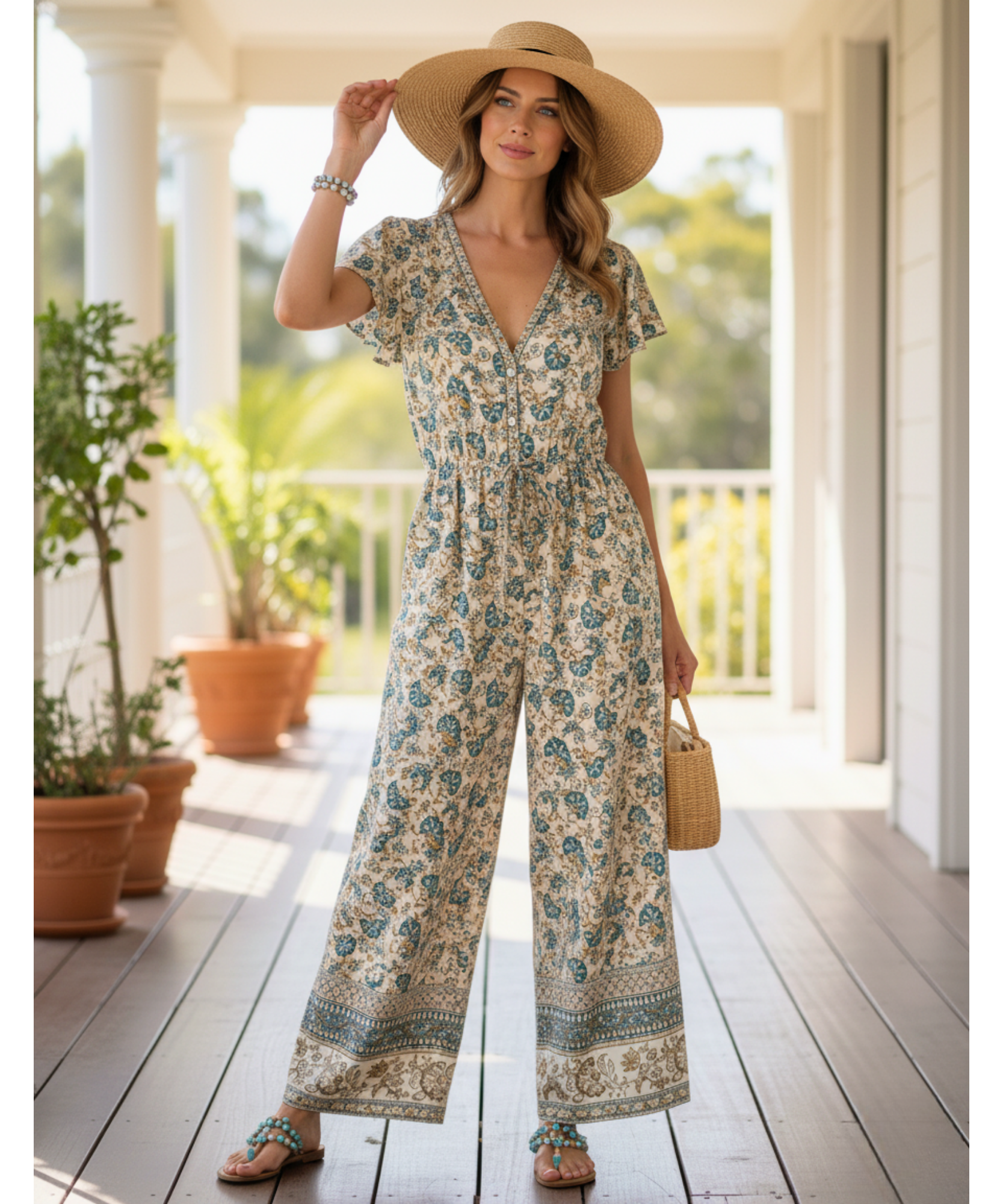 Comprar macacão longo feminino estampado floral perna pantalona cintura ajustável casual boho em promoção