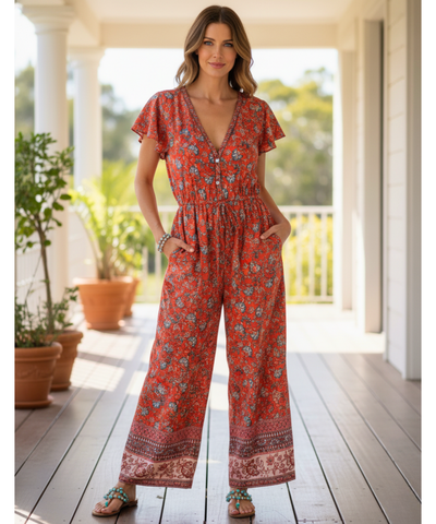 Women's Floral Boho Wide Leg Jumpsuit | Lina