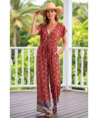 Comprar macacão longo feminino estampado floral perna pantalona cintura ajustável casual boho em promoção
