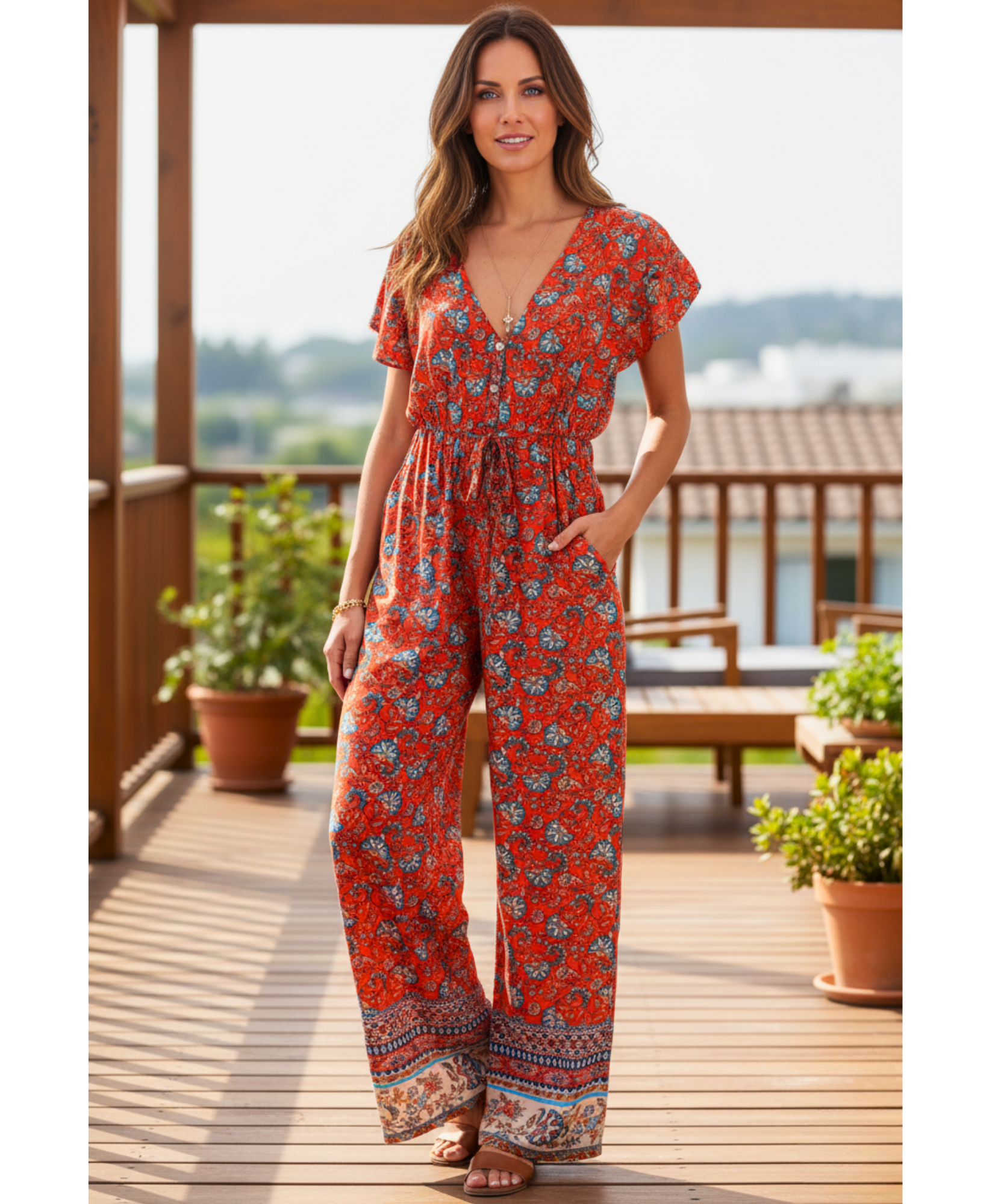 Comprar macacão longo feminino estampado floral perna pantalona cintura ajustável casual boho em promoção
