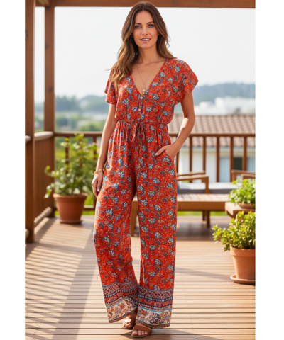 Comprar macacão longo feminino estampado floral perna pantalona cintura ajustável casual boho em promoção