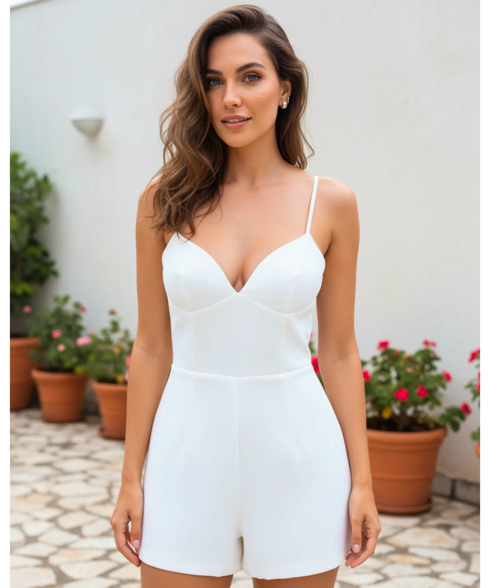 Comprar macaquinho alfaiataria branco feminino verão com laço floral alças ajustáveis shorts curto casual social barato ZARA
