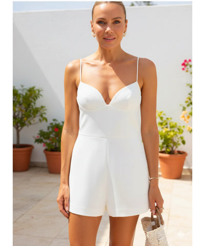 Women’s White Tailored Romper with Adjustable Straps | Lily