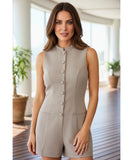 Comprar macaquinho feminino alfaiataria botões frontais elegante social casual bege em promoção ZARA
