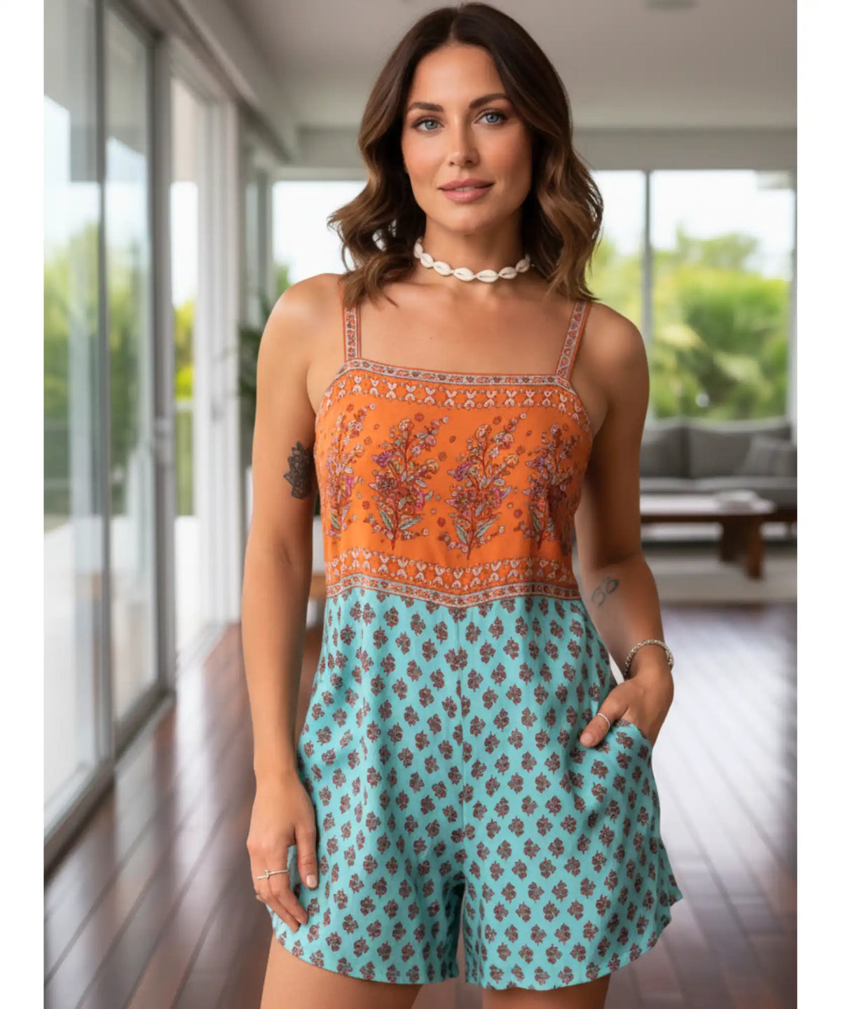 Comprar macaquinho feminino estampado floral alças ajustáveis verão boho laranja turquesa barato ou em promoção ANELLIMN

