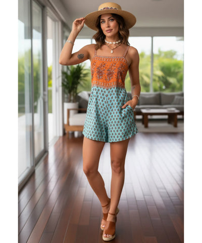 Comprar macaquinho feminino estampado floral alças ajustáveis verão boho laranja turquesa barato ou em promoção ANELLIMN

