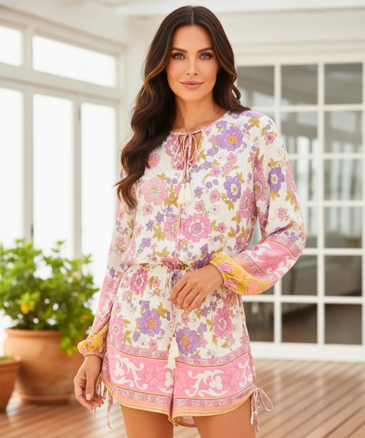 Comprar macaquinho feminino estampado floral manga longa com amarração casual verão barato FARM