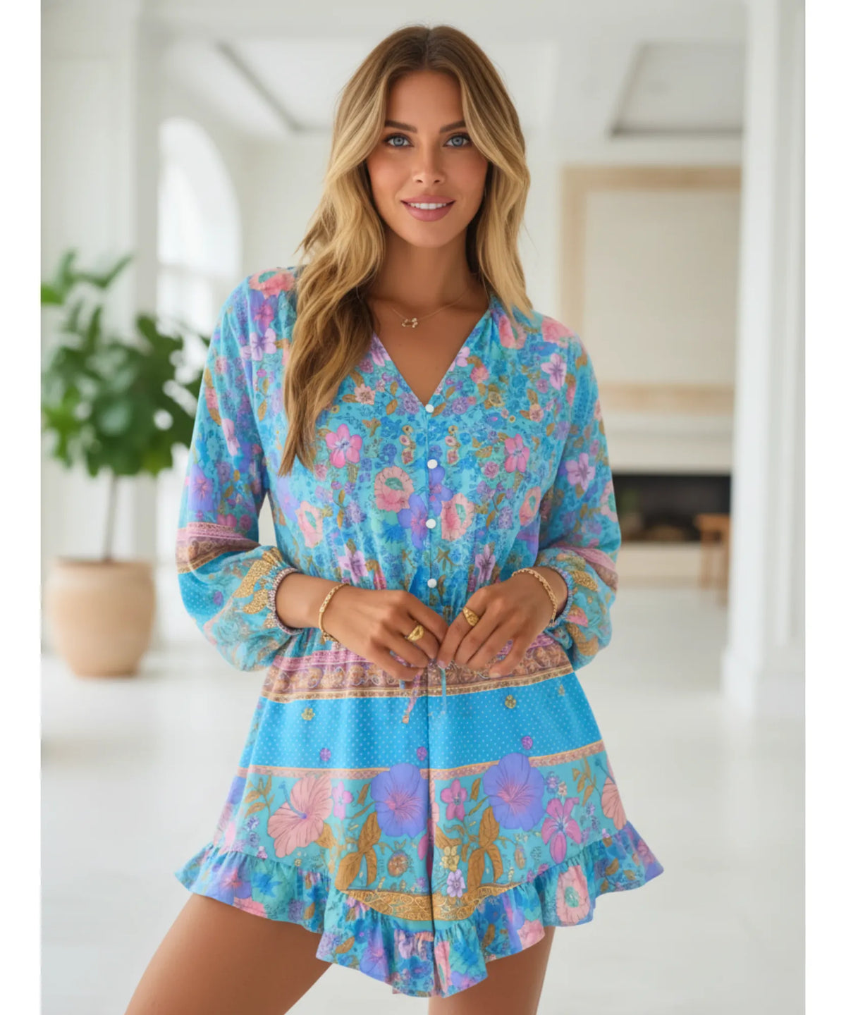 Women’s Boho Floral Long Sleeve V Neck Romper | Jana