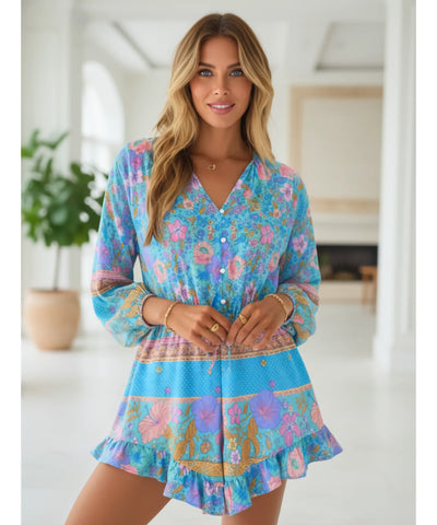 Women’s Boho Floral Long Sleeve V Neck Romper | Jana