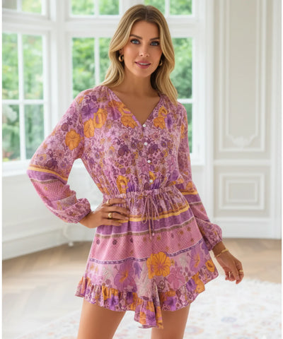 Women’s Boho Floral Long Sleeve V Neck Romper | Jana