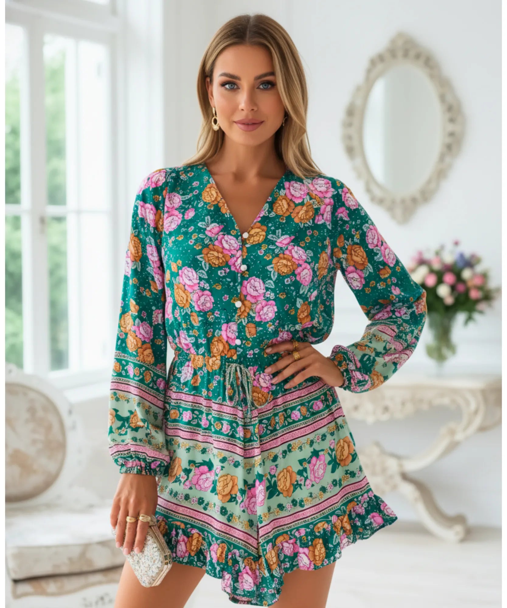 Comprar macaquinho feminino estampado manga longa decote V cintura ajustável barato ZARA

