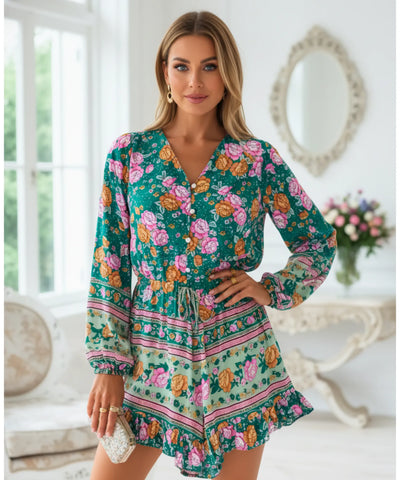 Comprar macaquinho feminino estampado manga longa decote V cintura ajustável barato ZARA

