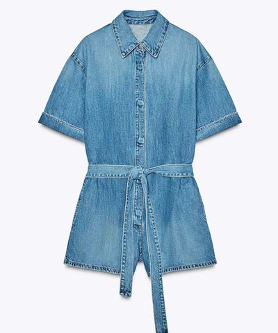 Women’s Short Sleeve Denim Romper with Tie Belt Casual Fit | Zach