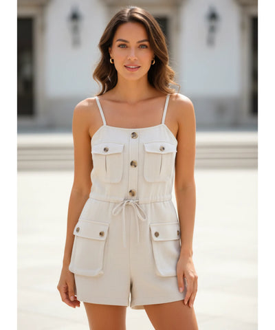 Women’s Ivory Linen Utility Romper with Front Pockets | Gigi
