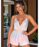 Women's silver to blush ombre sequin romper with plunging V-neck
