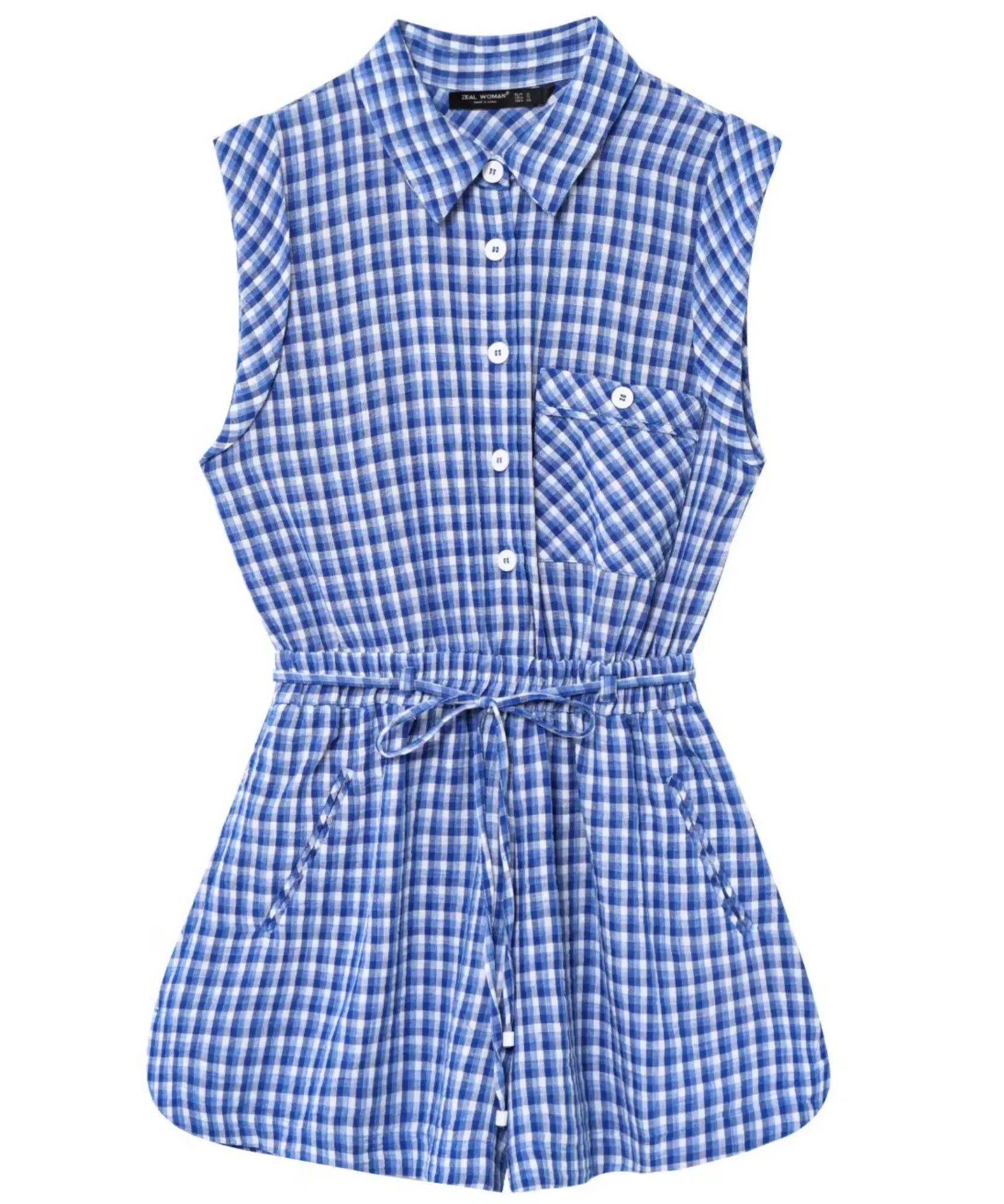 Women's blue gingham romper flat lay with chest pocket and tie belt