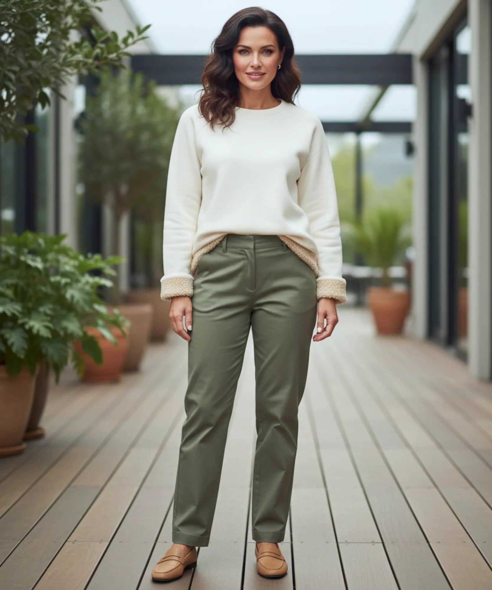 Women's ivory oversized sweatshirt styled with olive pants