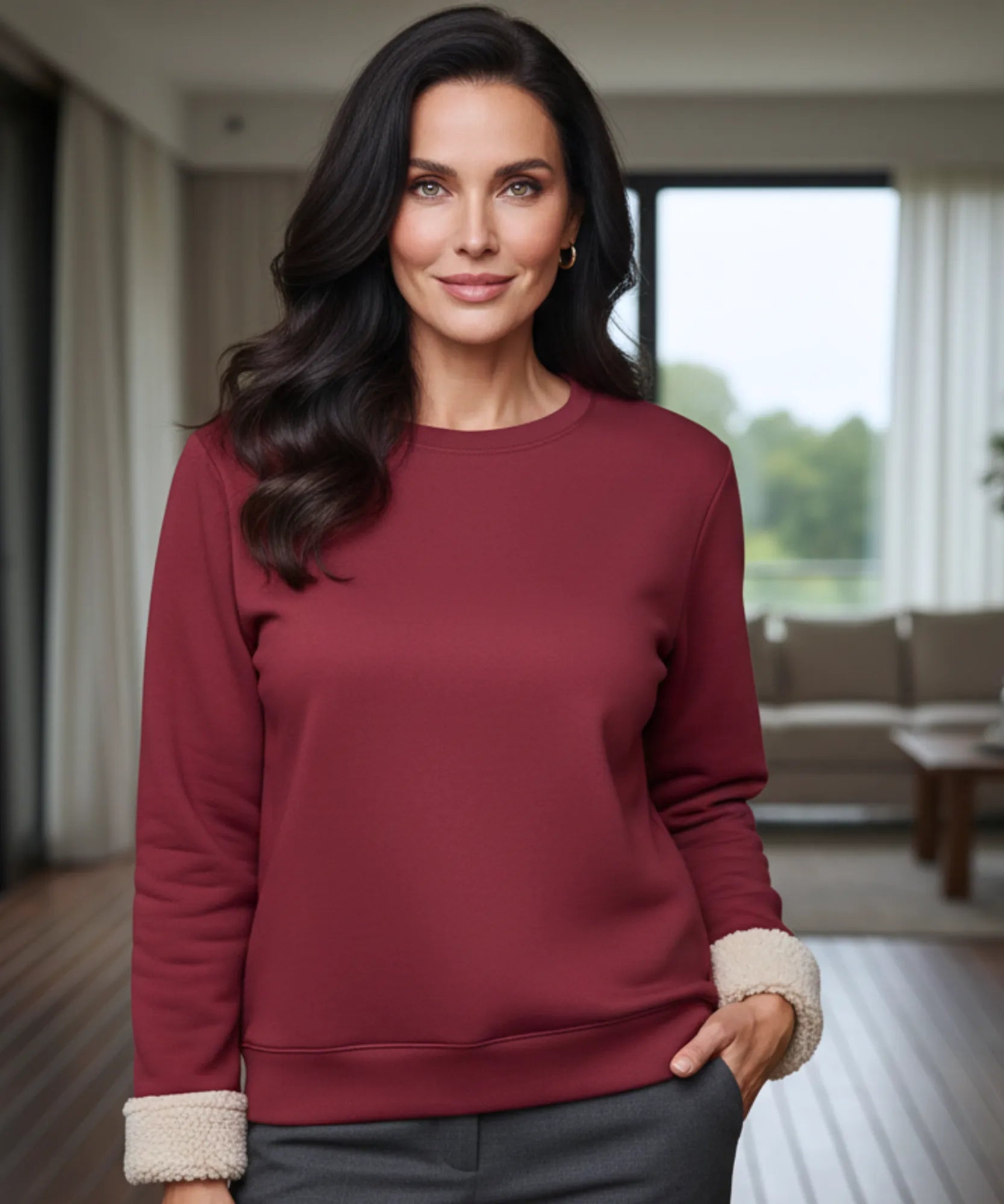 Women's burgundy oversized sherpa lined sweatshirt with plush cuffs