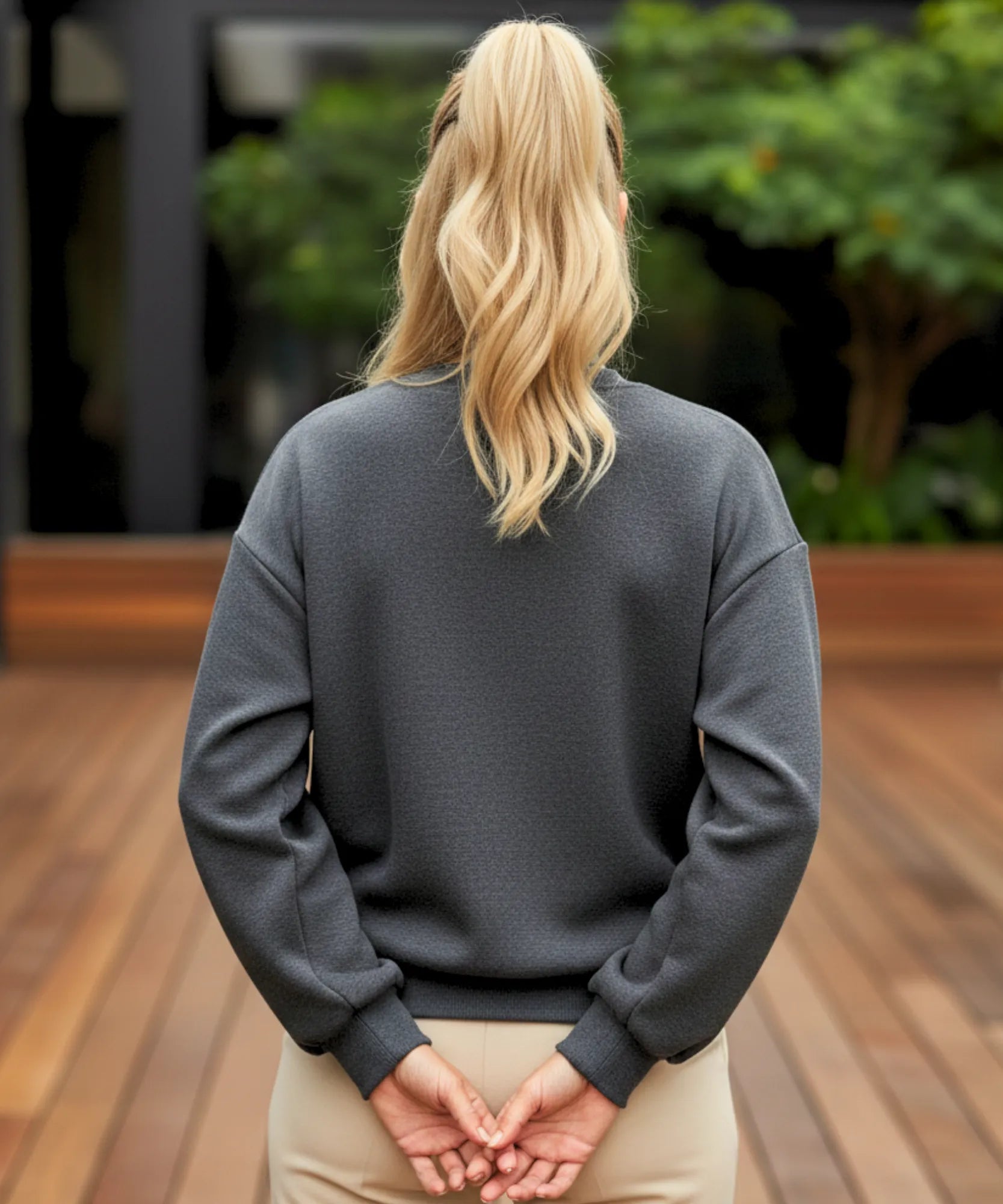 Women's charcoal fleece lined sweatshirt, back view