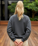 Women's charcoal fleece lined sweatshirt, back view