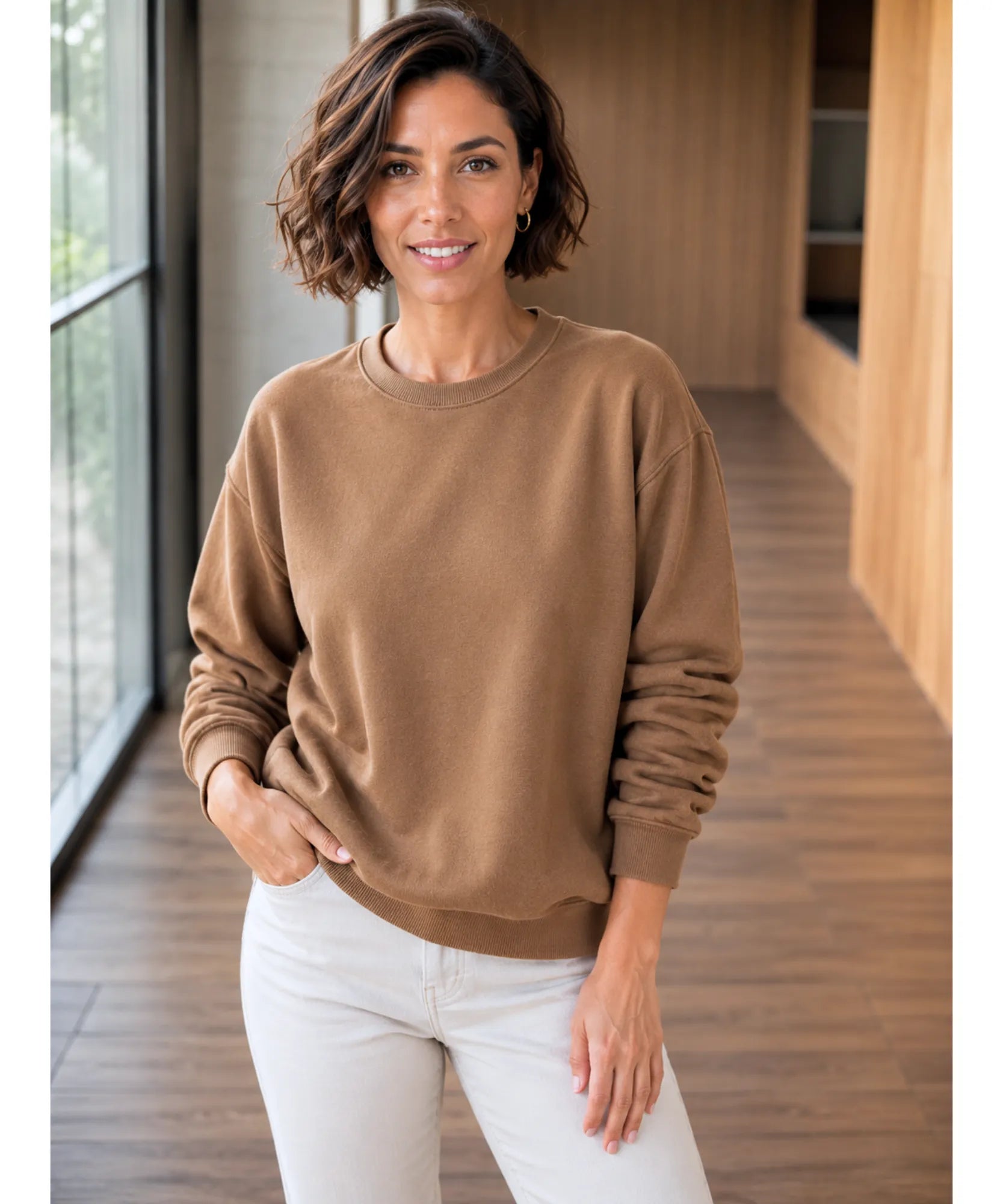 Women's camel fleece lined sweatshirt with a relaxed fit