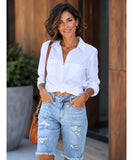 Women's High Waisted Ripped Denim Knee Length Shorts | Emi