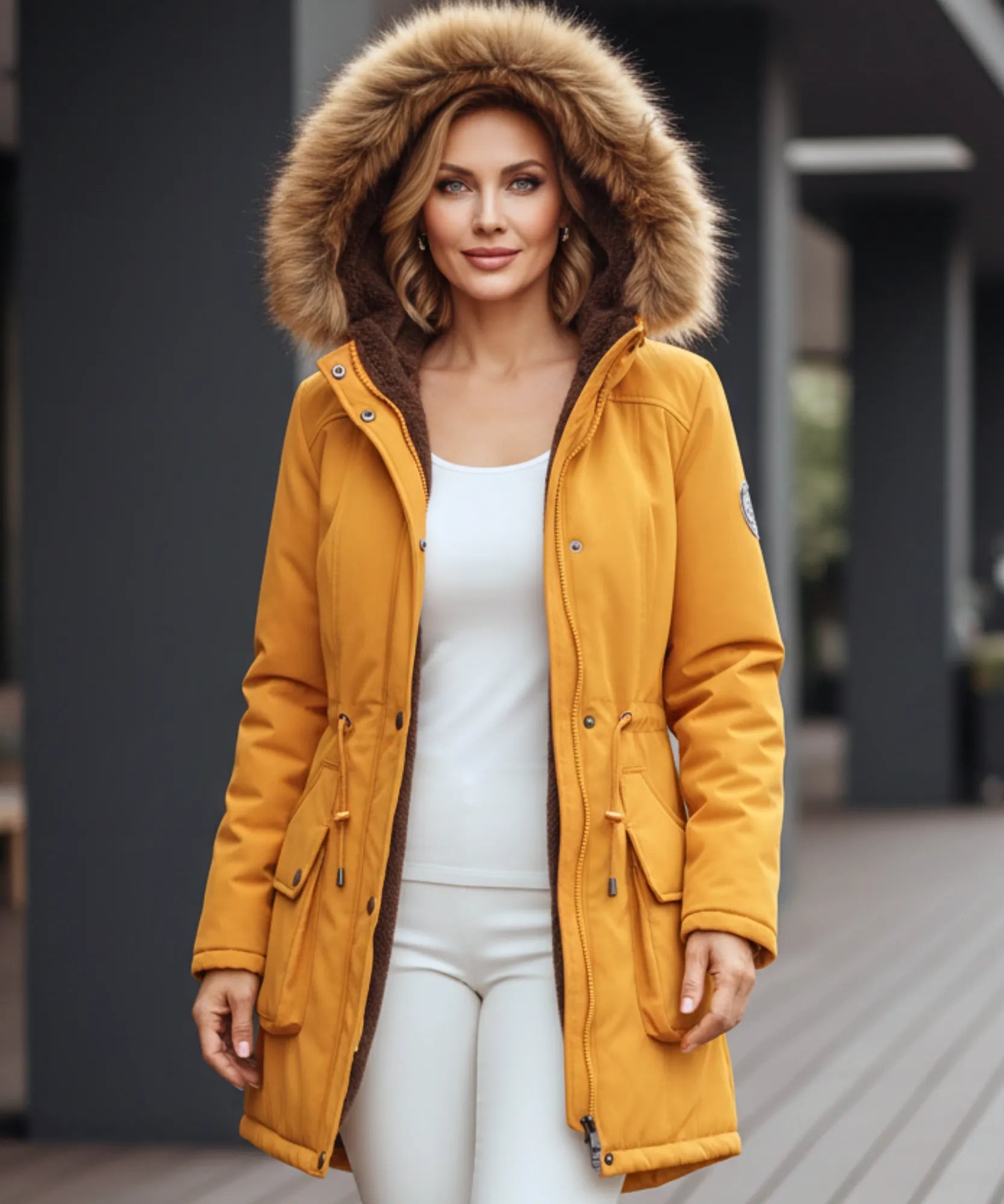 Women's fur hood parka in yellow, side view