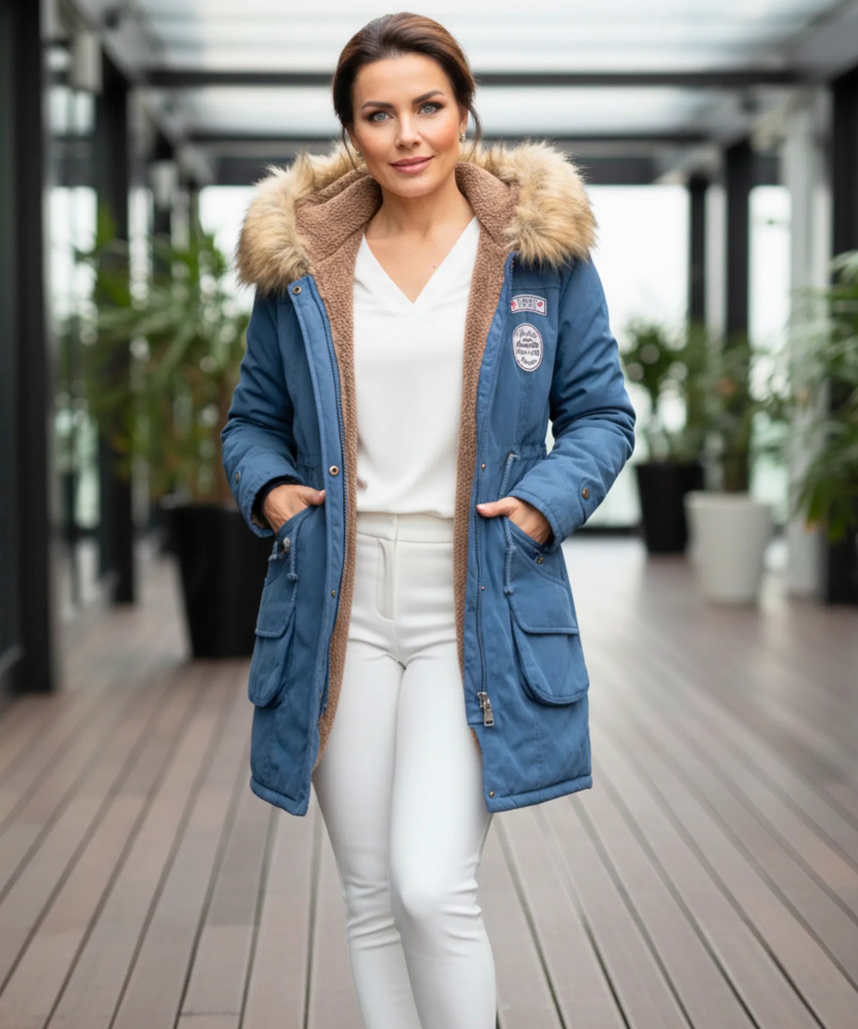 Women's fur hood parka with plush lining in cobalt blue
