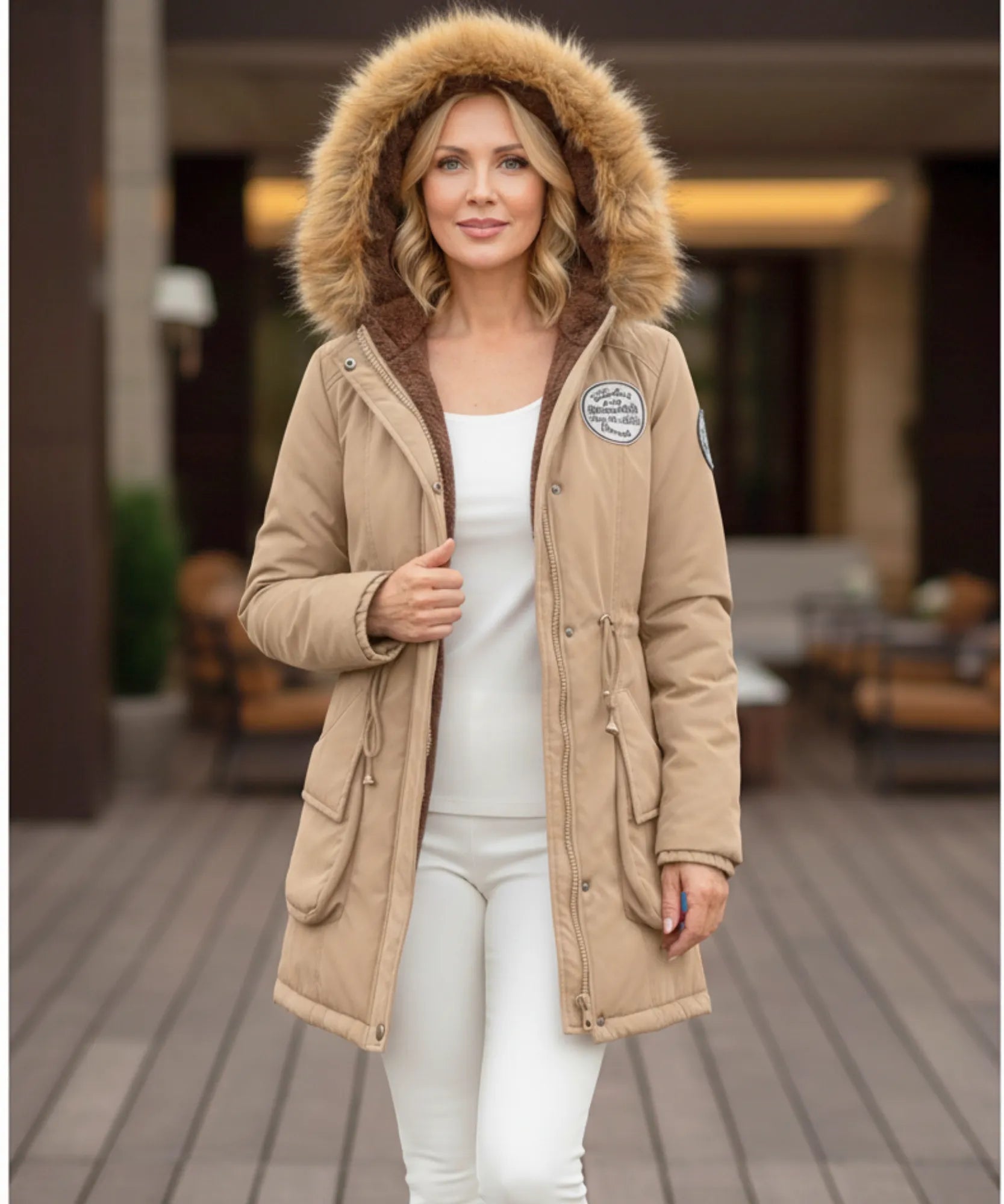 Close-up of the plush lining on the ivory parka