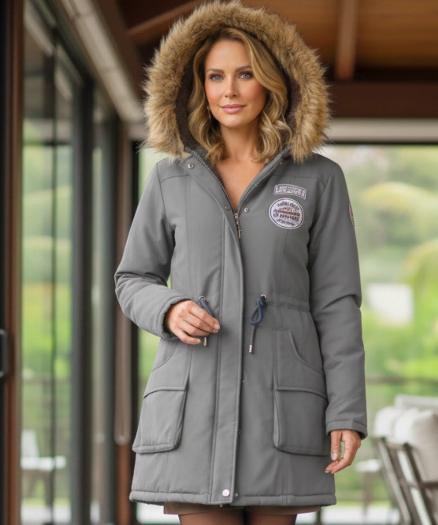 Women's parka with vegan fur hood in grey