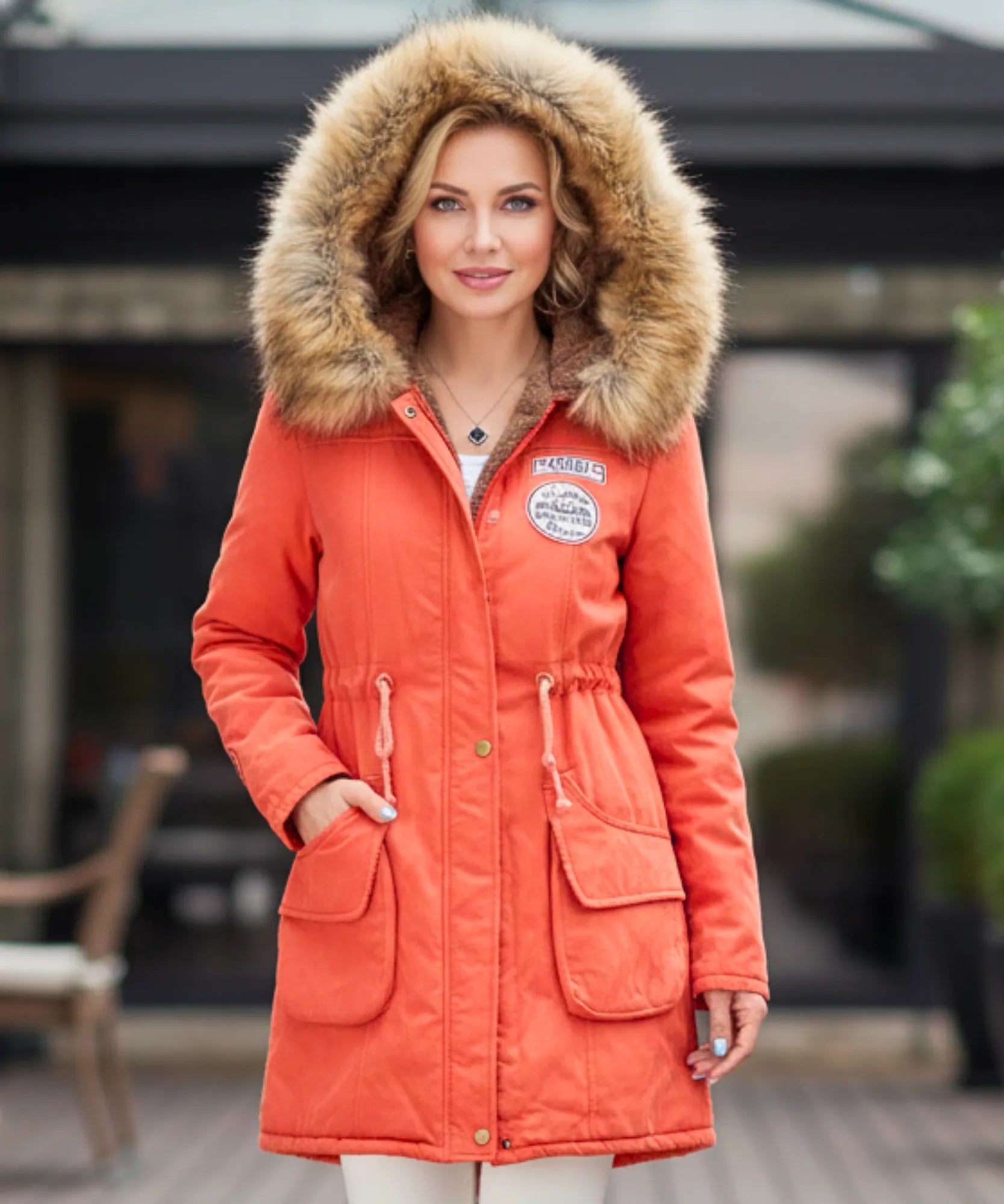Close-up of the plush lining on the orange parka