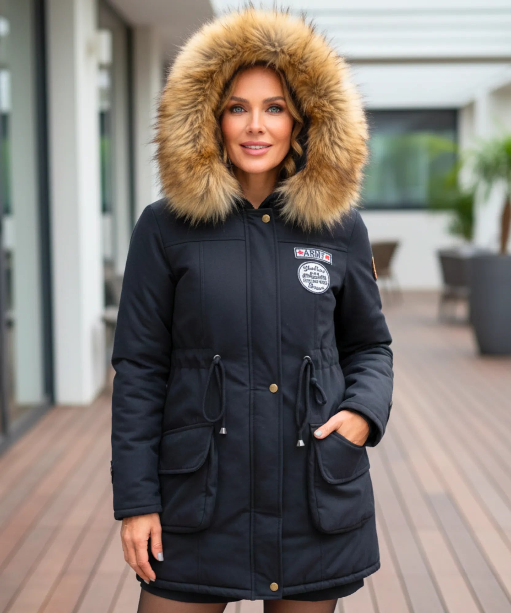 Women's fur hood parka in black, side view