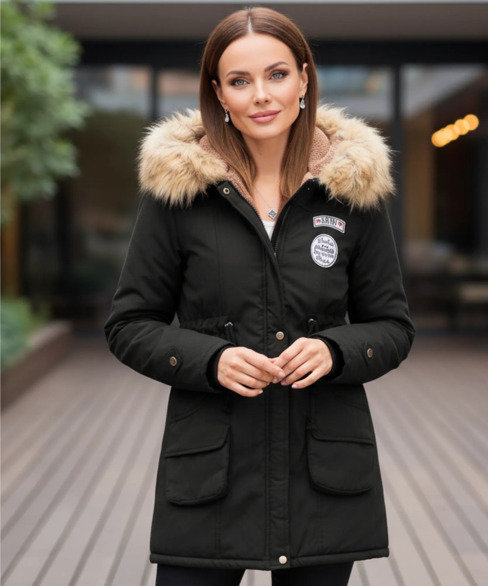 Women's fur hood parka in black, front view