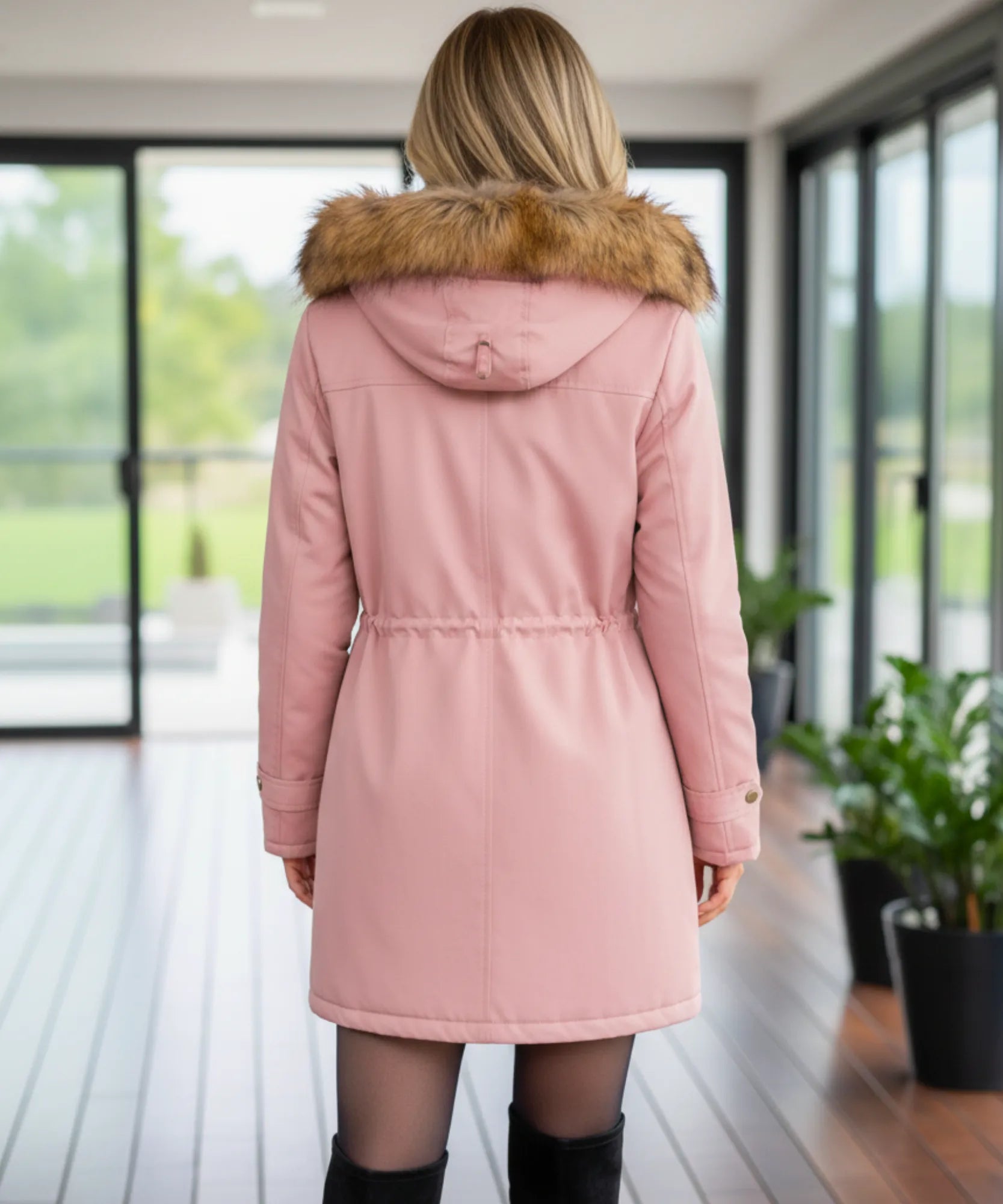 Women's fur hood parka in blush pink, side view