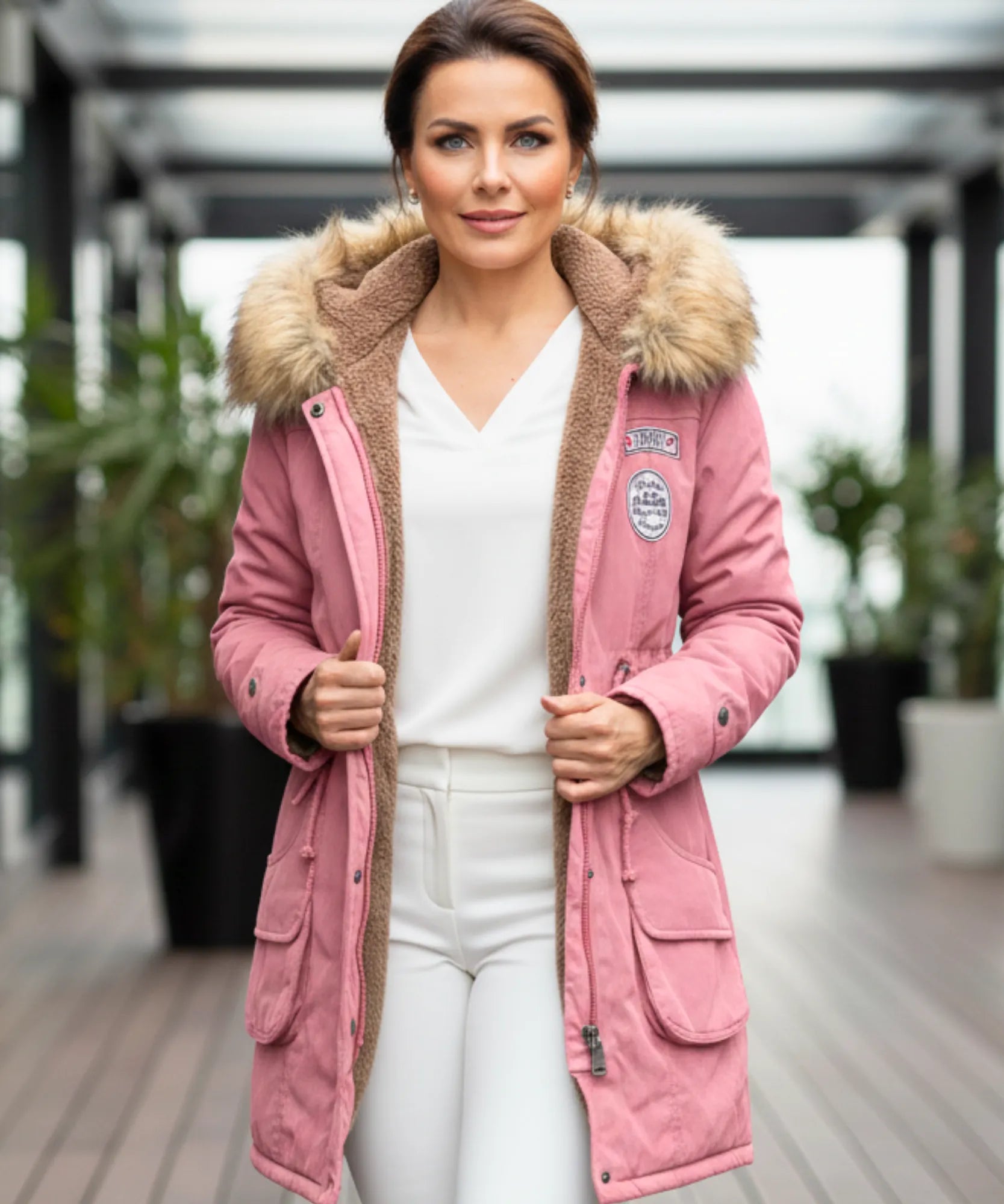 Women's fur hood parka with plush lining in blush pink