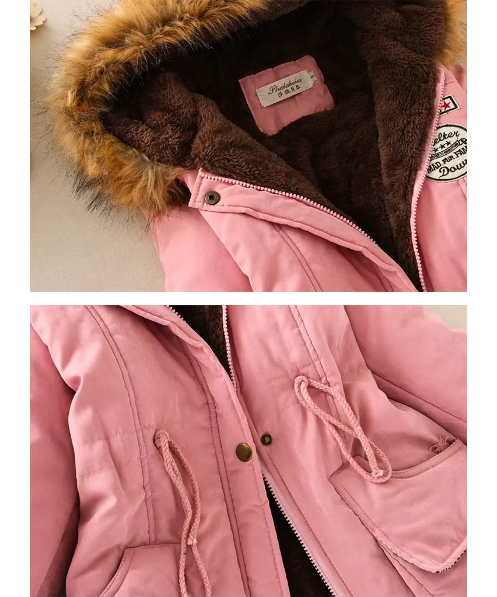 Detail of the waist tie on the blush pink parka