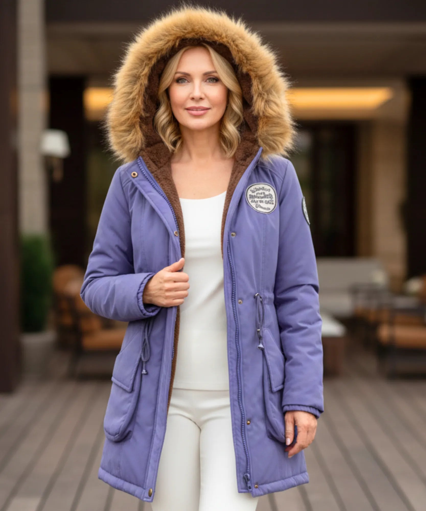 Close-up of the plush lining on the purple parka