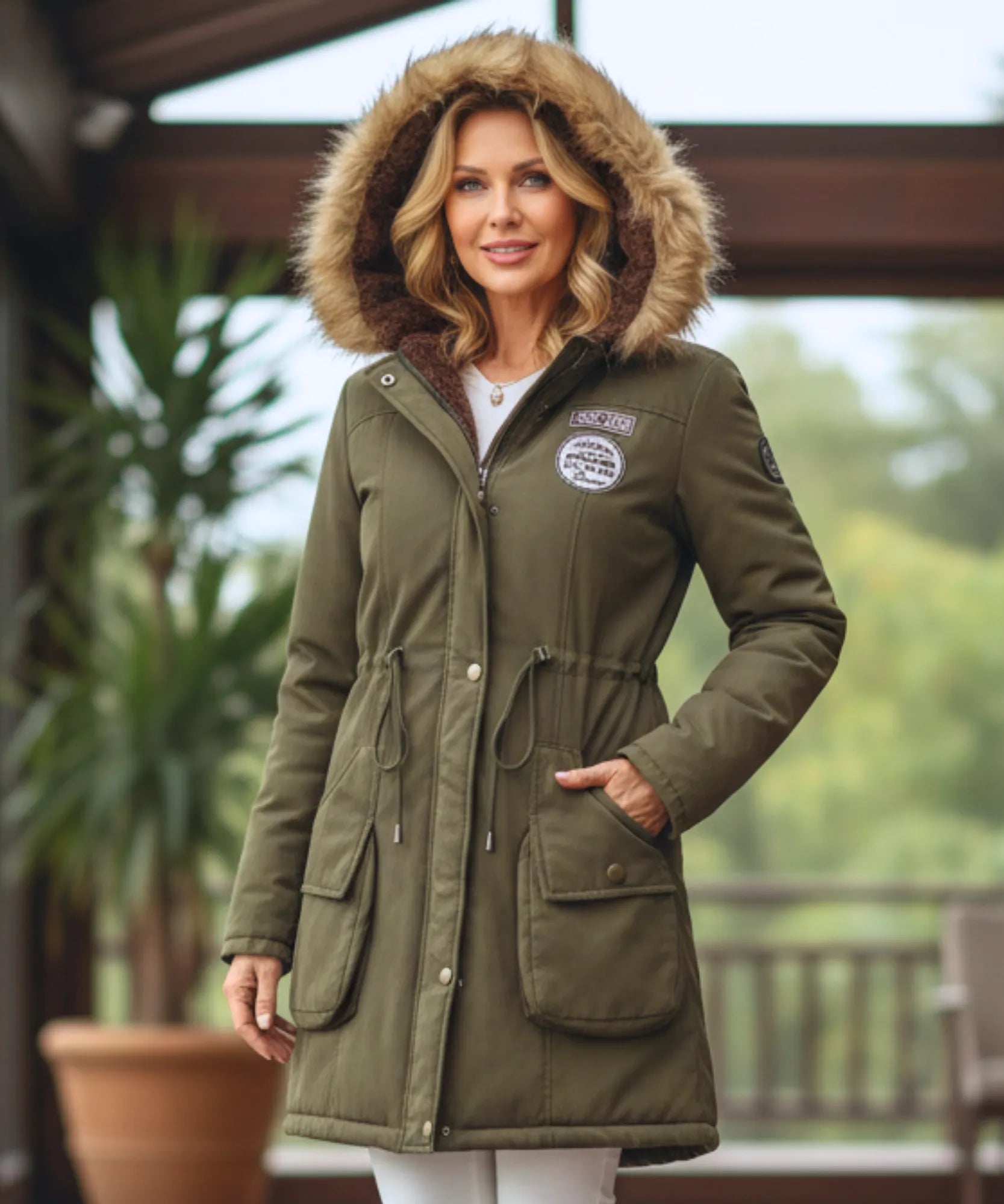 Women's fur hood parka in kelly green, front view