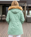 Women's parka with vegan fur hood in kelly green