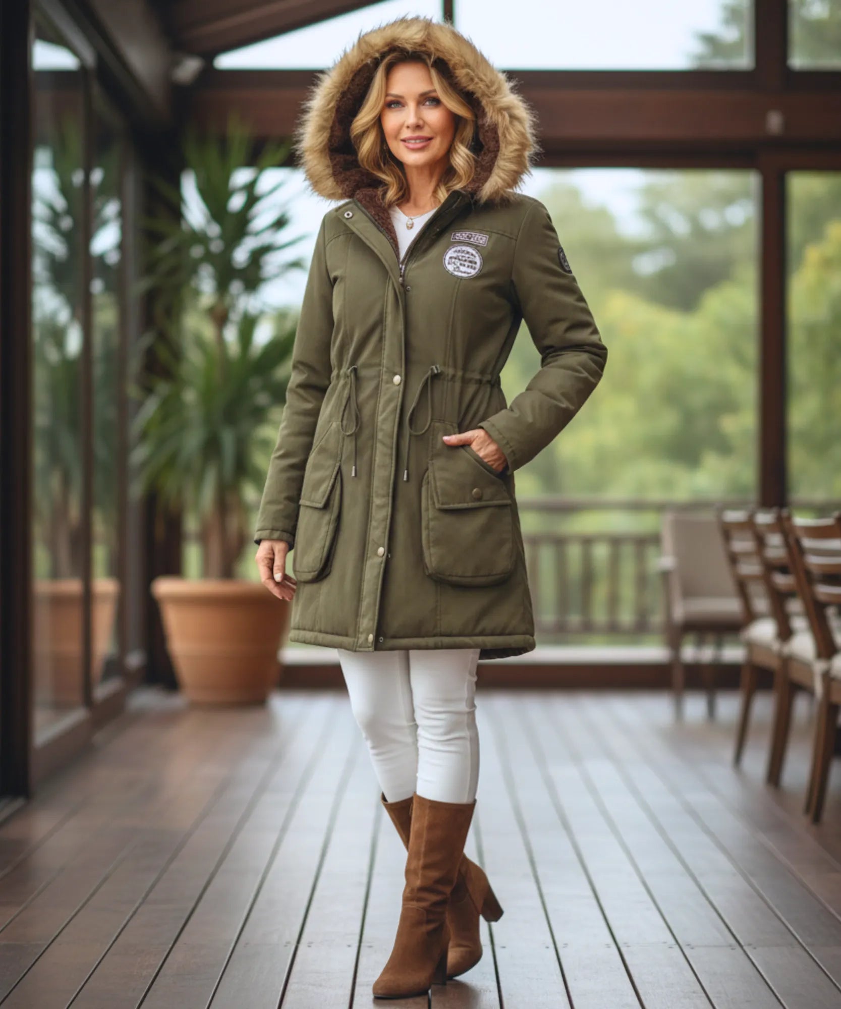 Detail of the waist tie on the kelly green parka