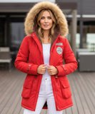Women's fur hood parka with plush lining in red