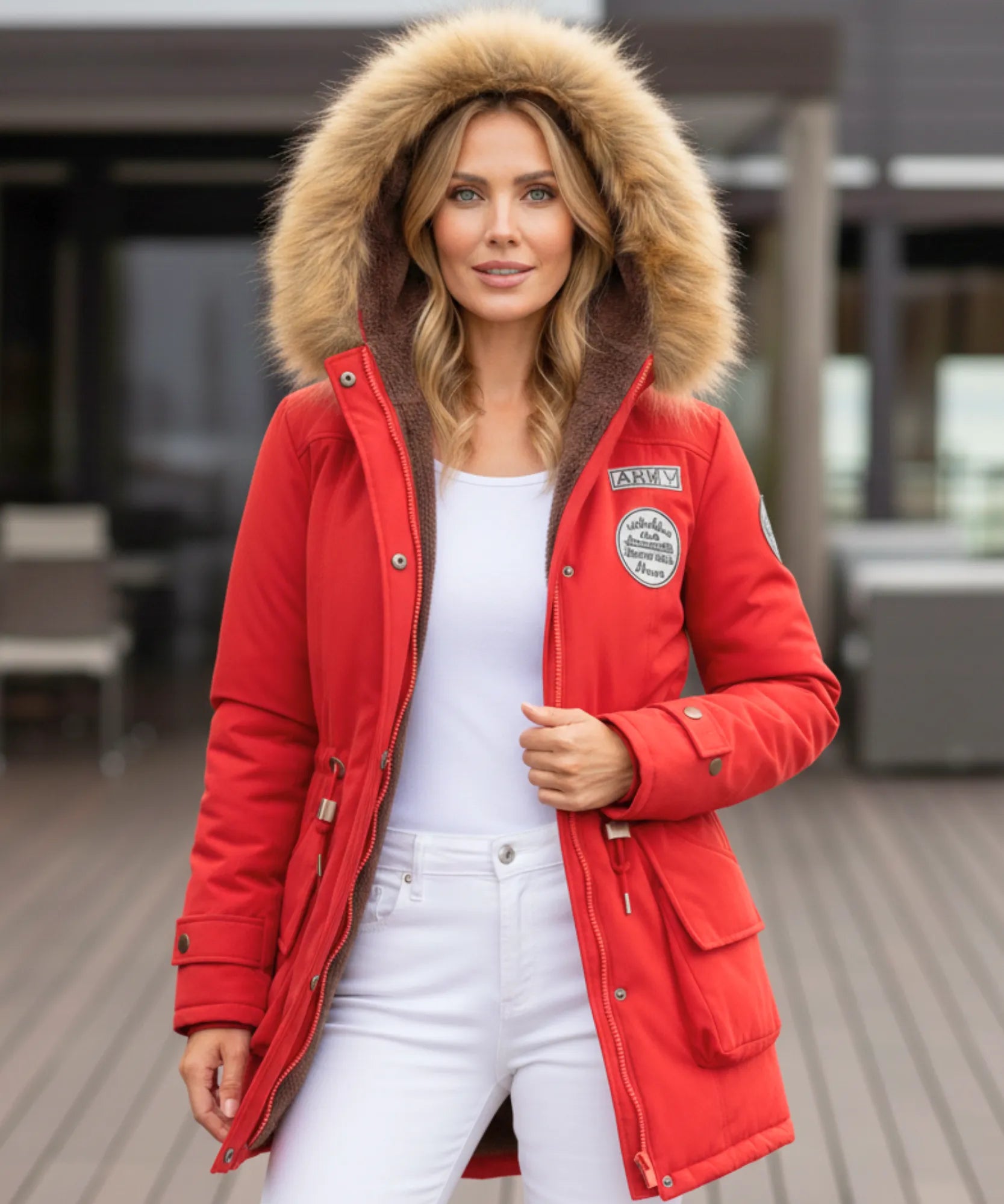 Detail of the waist tie on the red parka